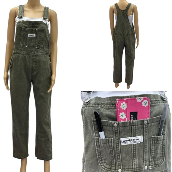 Shein Wonderful Khaki Green 7 Pocket Jean Overalls Womens Large - Picture 1 of 13